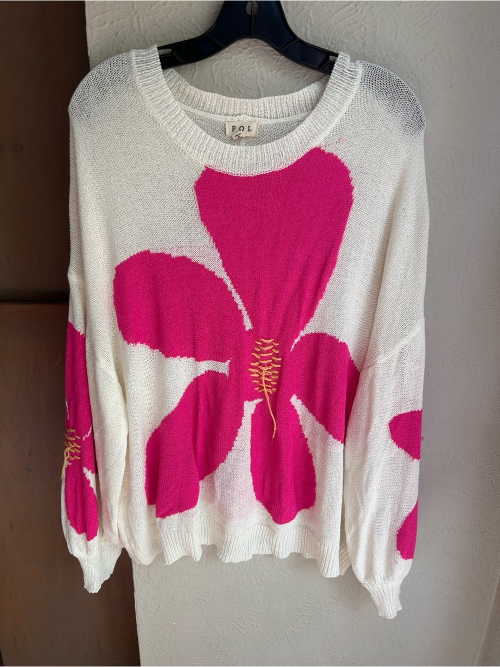 POL Women's Small Cream Knit Sweater Pink Floral Oversized Lightweight